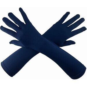 Women's Navy Blue Elbow Length Satin Long Glove Design Stretchy Cosplay Costume
